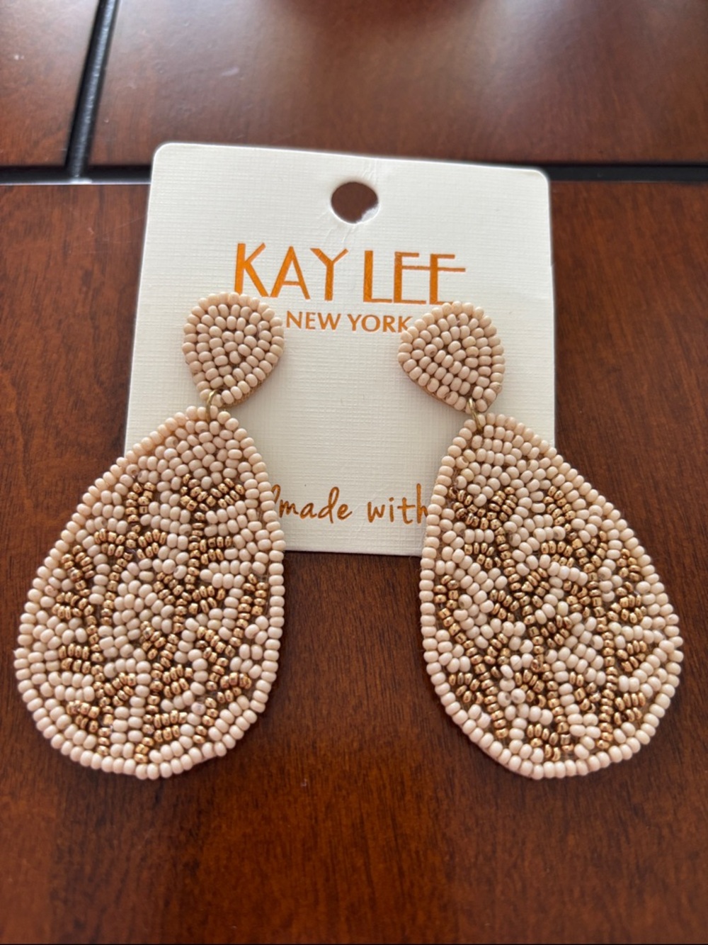 Beige & Gold Beaded Teardrop Earrings